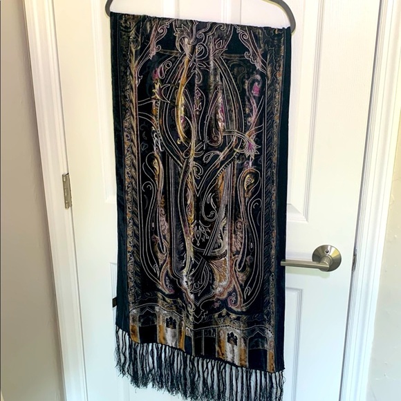 Colorful printed silk and velvet scarf with fringe - Picture 1 of 7